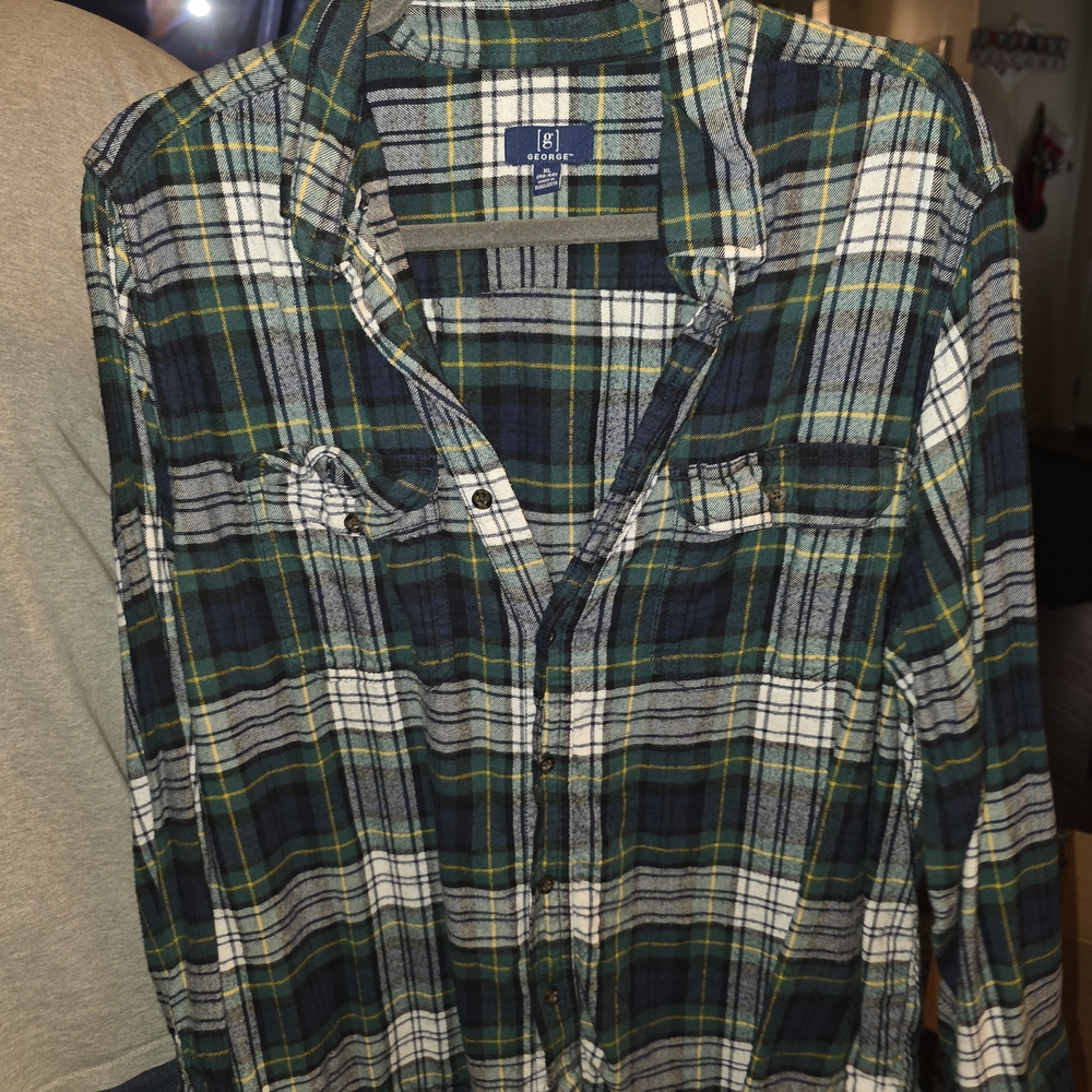 George Men's Navy and Green Plaid Shirt